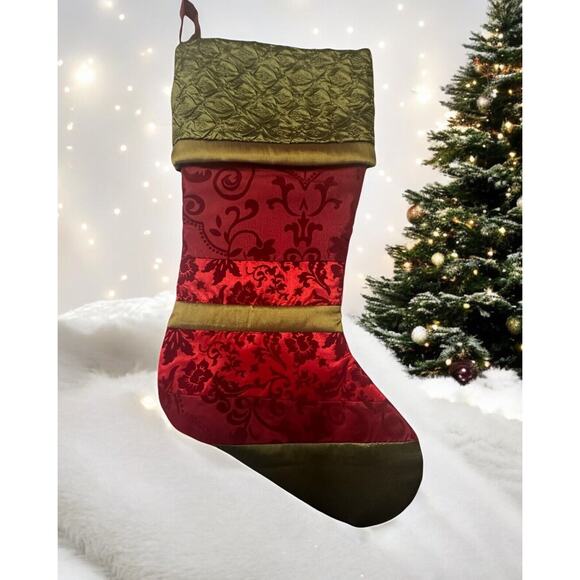 Other - Vintage Satin Christmas Stocking Red Green Holiday Embroidered Damask Victorian